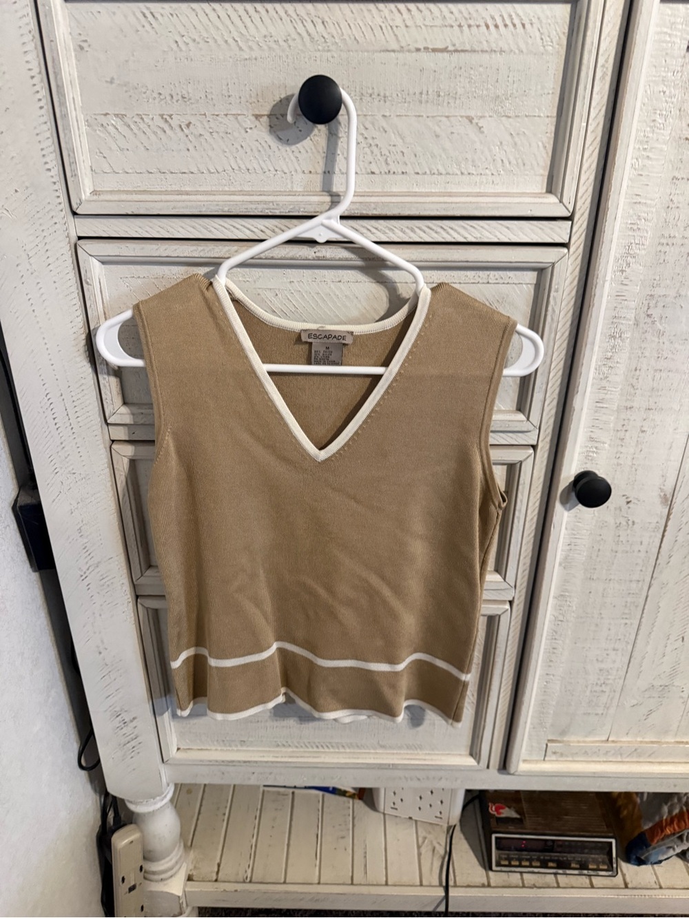 Escapade Tan Sleeveless V-Neck Knit Top with White Trim